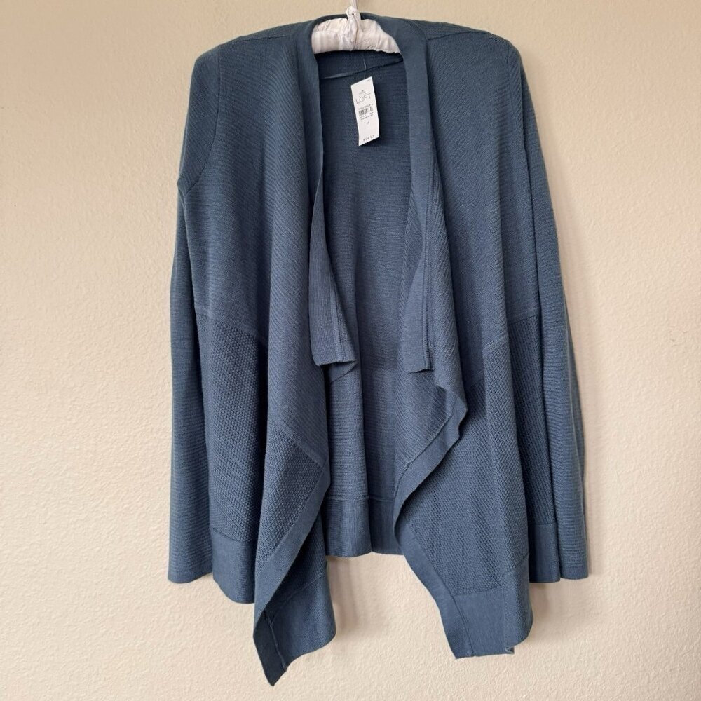 Women’s M Ann Taylor LOFT Blue Teal Knit Long Sleeve Waterfall Sweater Cardigan